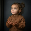 Child wearing a brown knitted sweater against a dark background

