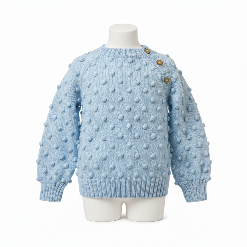 Light blue knitted sweater with textured pattern on a mannequin against a white background


