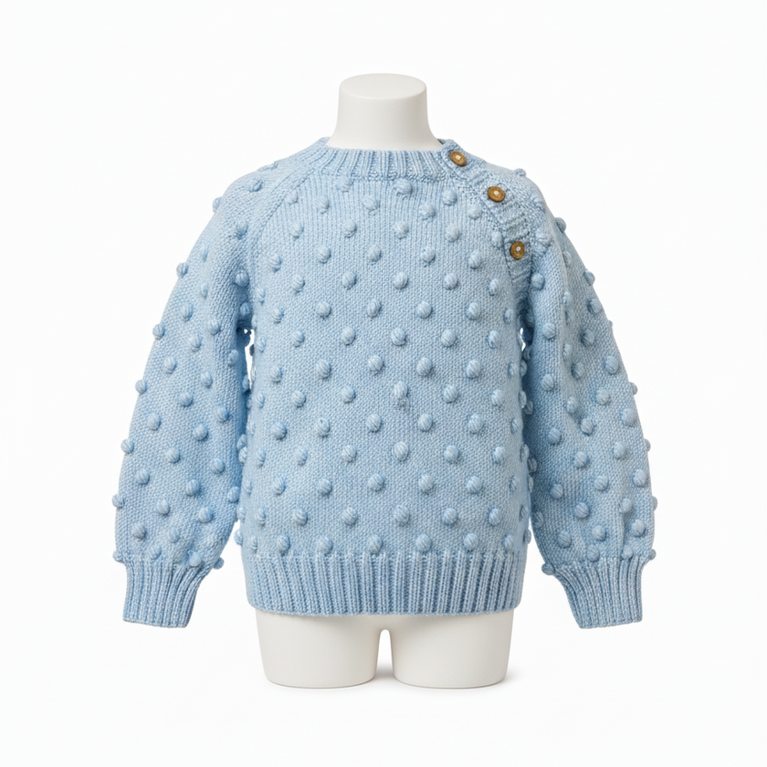Light blue knitted sweater with textured pattern on a mannequin against a white background

