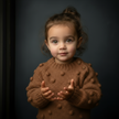 Child wearing a brown knitted sweater against a dark background

