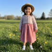 Child in a pink dress and straw hat standing in a field with yellow flowers