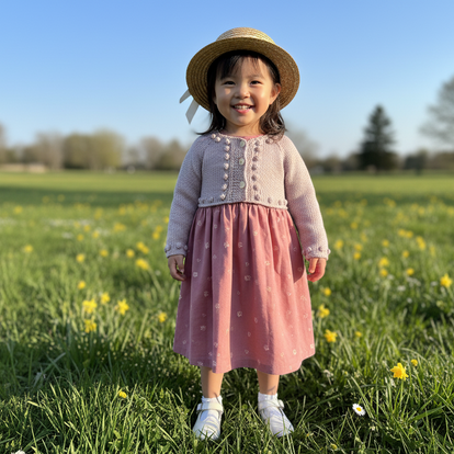 Child in a pink dress and straw hat standing in a field with yellow flowers