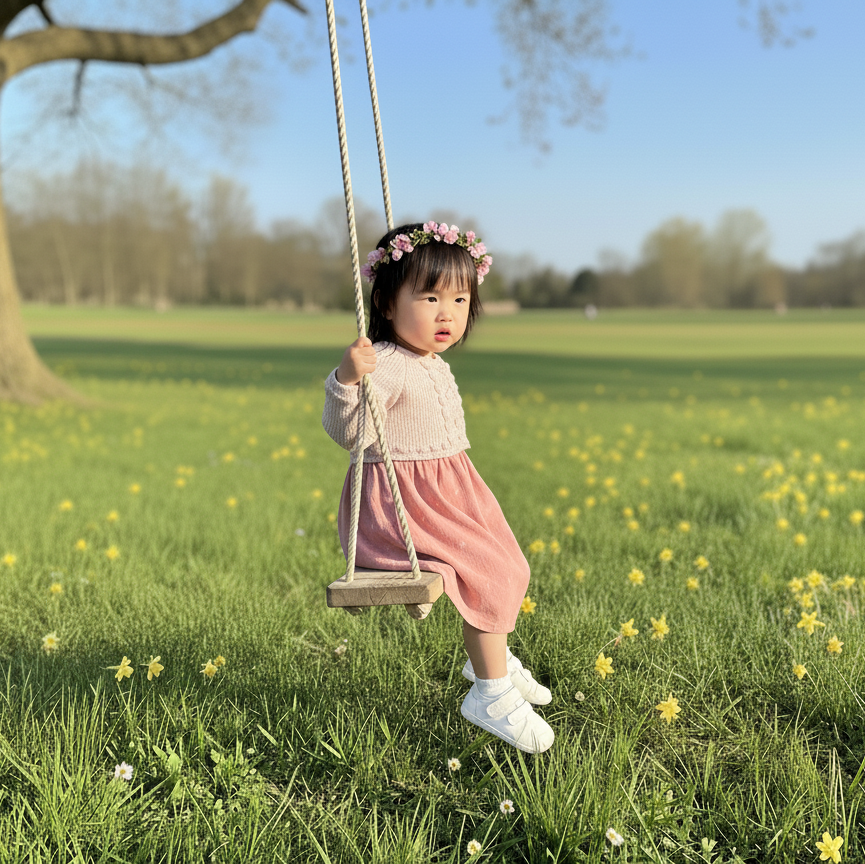 Child on a swing in a grassy field with flowers