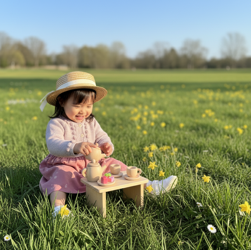 Child playing with a tea set in a field of yellow flowers