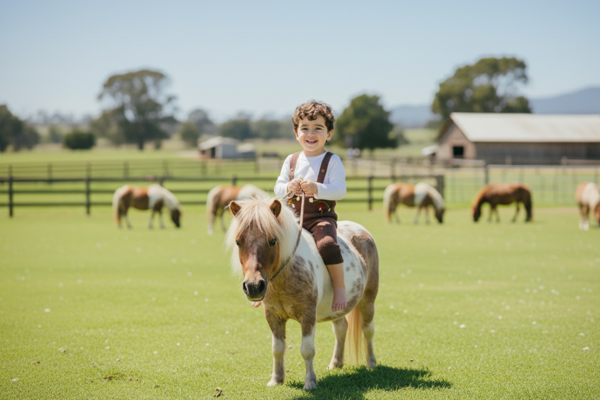 Child riding a pony in an open field with other horses in the background