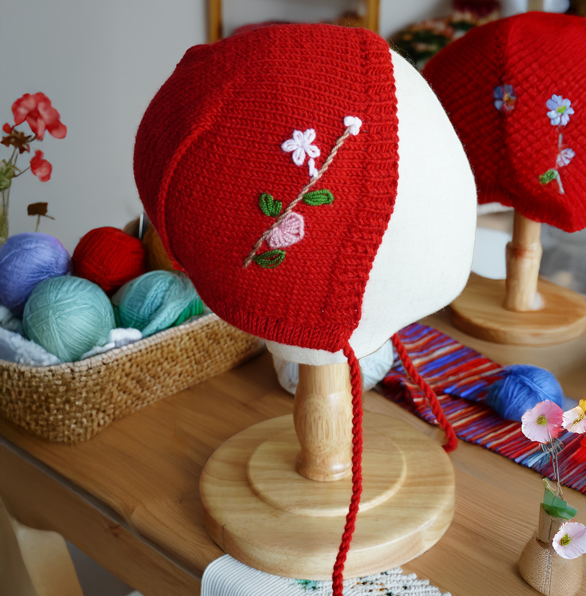 Red Bonnet with Hand Embroidered Spring