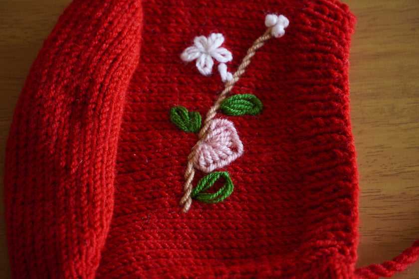 Red Bonnet with Hand Embroidered Spring