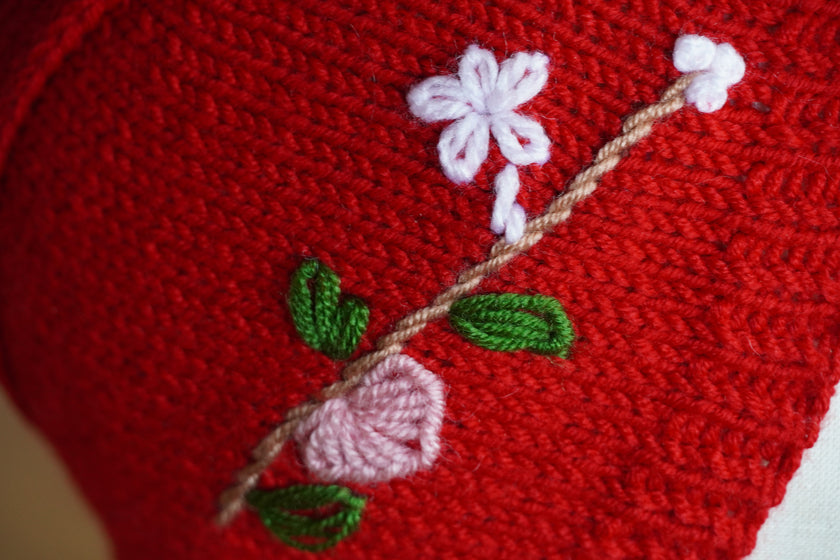 Red Bonnet with Hand Embroidered Spring
