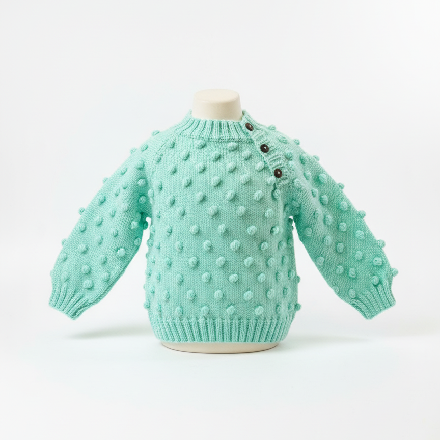 Light blue sweater with textured pattern on a white background

