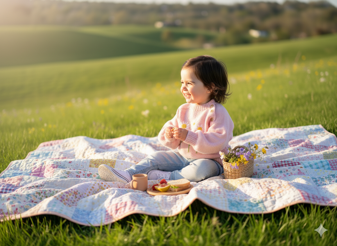 Child sitting on a blanket in a grassy field with a picnic setup