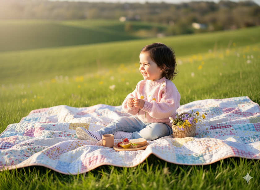 Child sitting on a blanket in a grassy field with a picnic setup