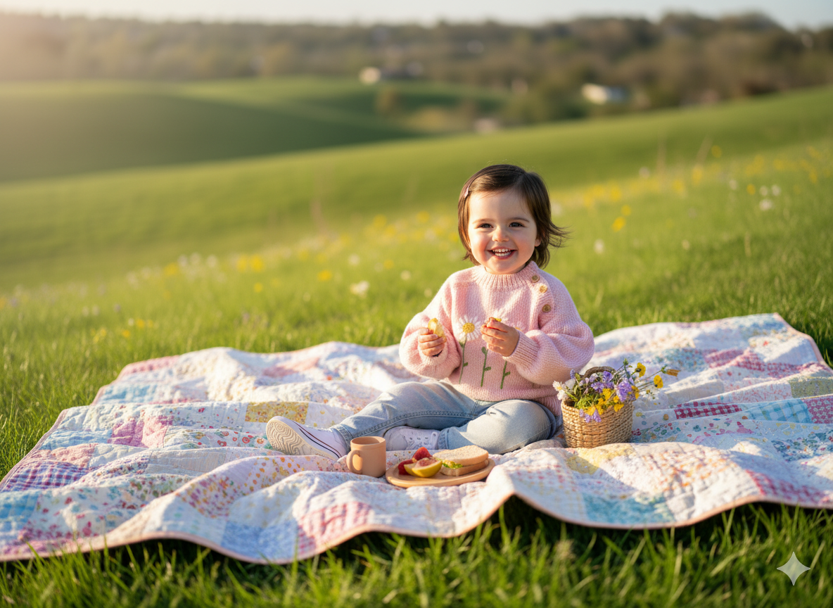 Child sitting on a blanket in a grassy field with a picnic setup