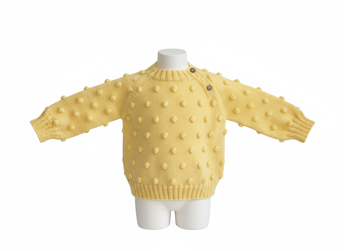 Yellow polka dot sweater on a mannequin against a white background

