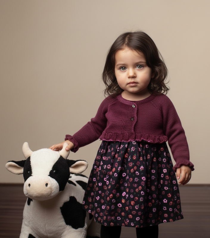 Young girl in a floral dress and purple cardigan holding a plush cow toy against a beige background