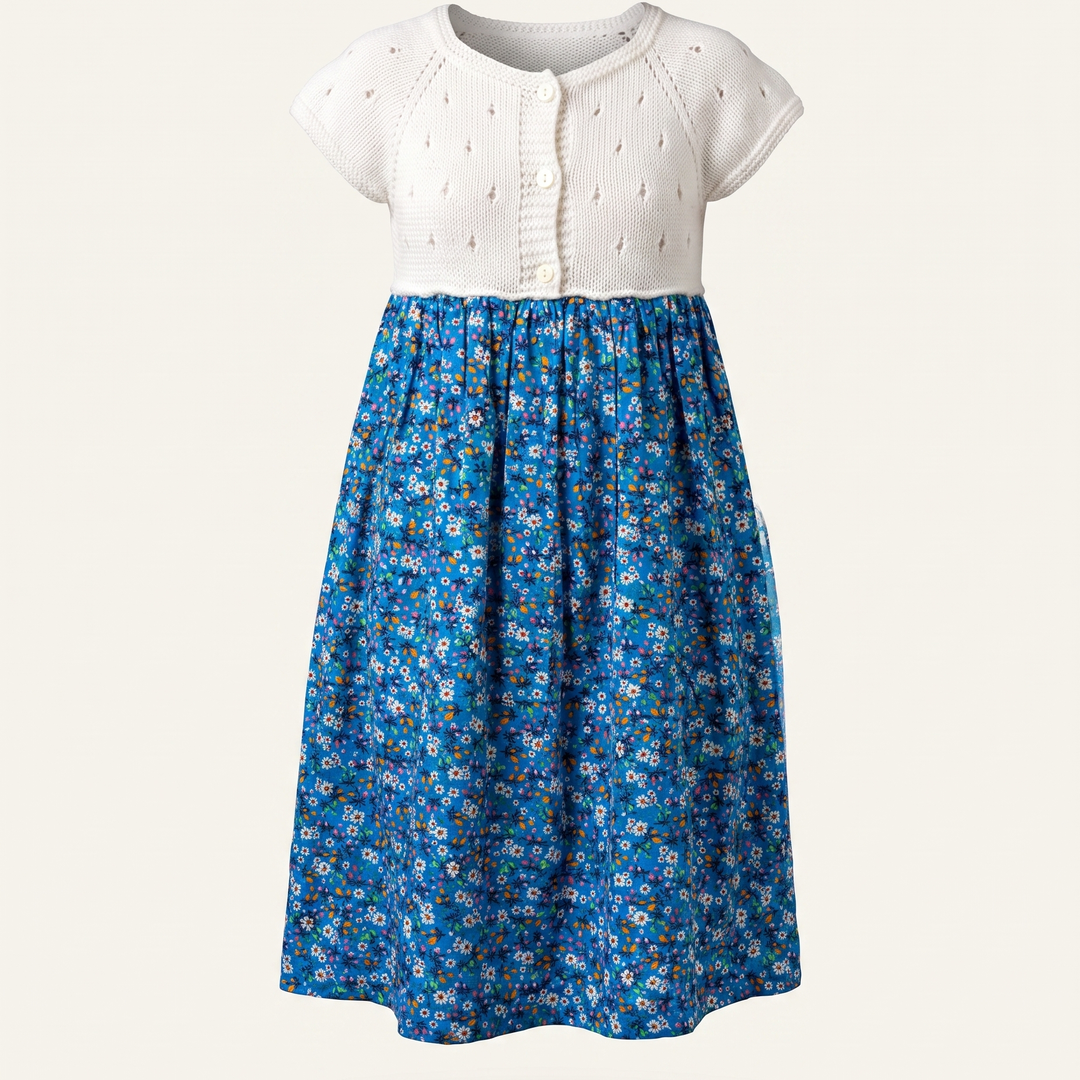 Blue Floral Knit-Bodice Dress