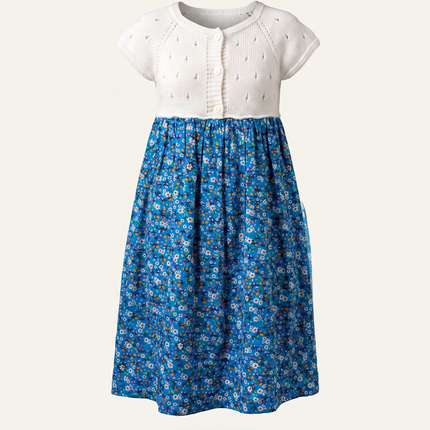 Blue Floral Knit-Bodice Dress