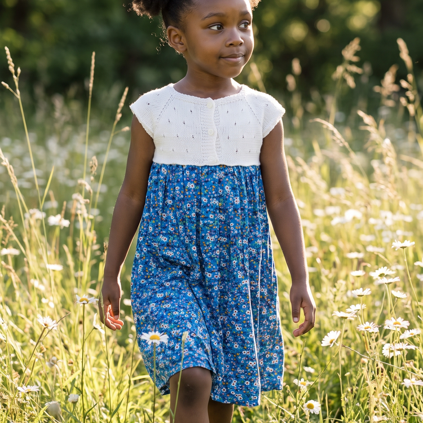 Blue Floral Knit-Bodice Dress