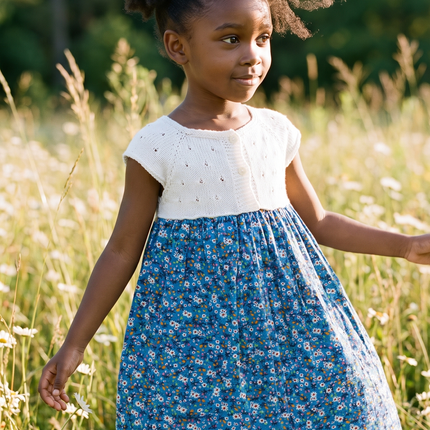 Blue Floral Knit-Bodice Dress