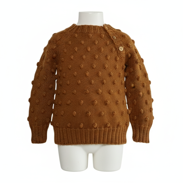 Brown knitted sweater on a mannequin with white pants against a white background