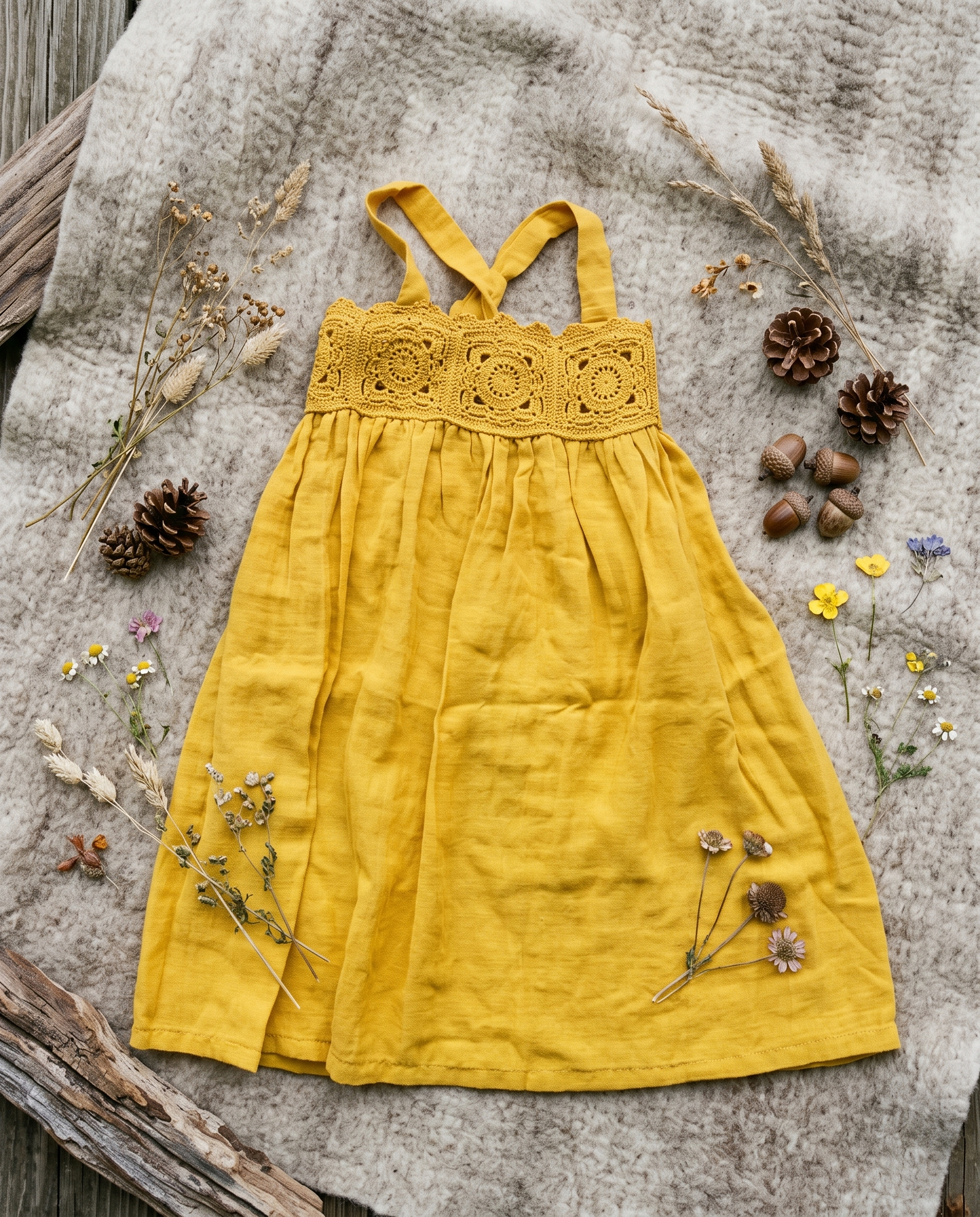 Mustard crochet sundress flat-lay