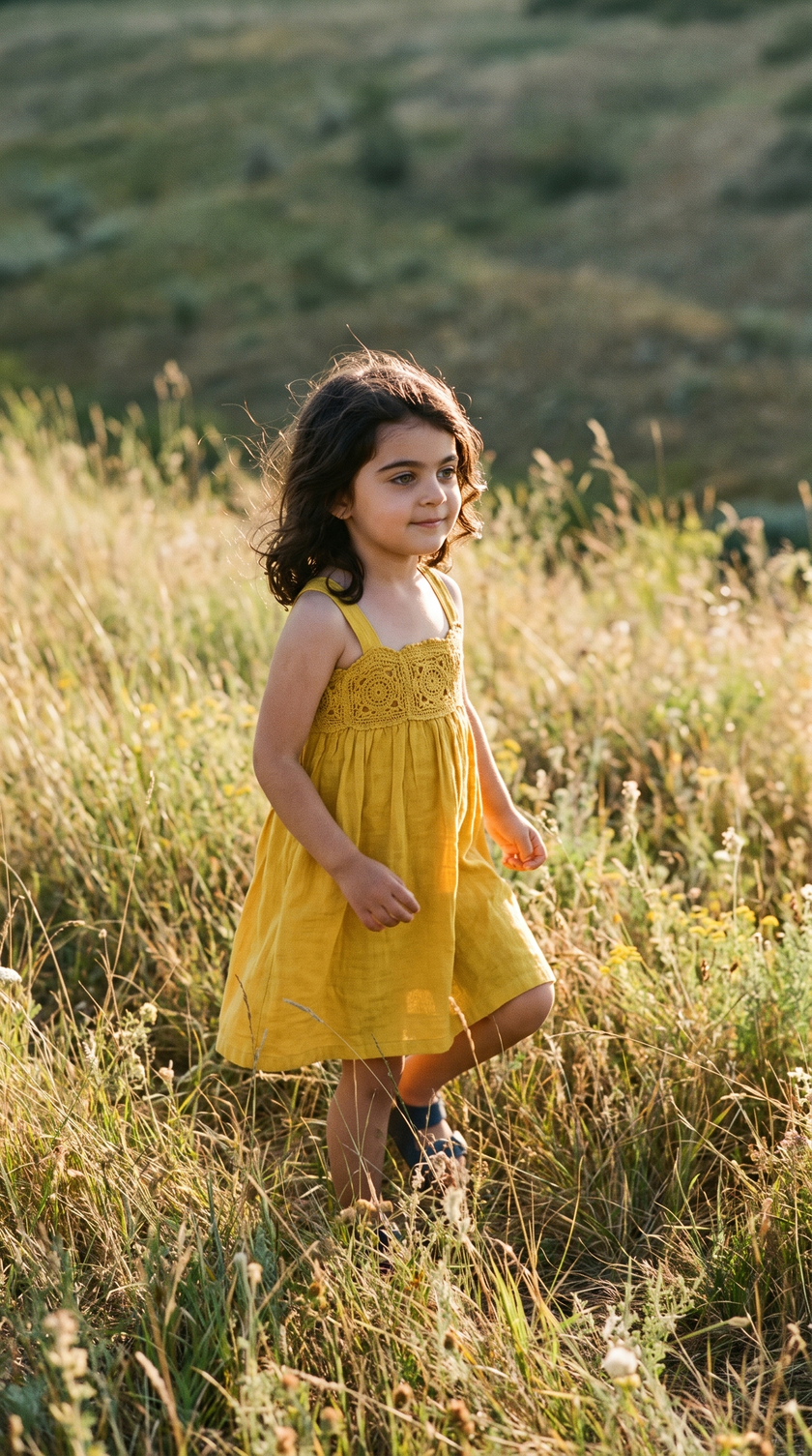 Girl wearing the mustard crochet sundress outdoors