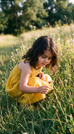 Child in the mustard crochet sundress in nature