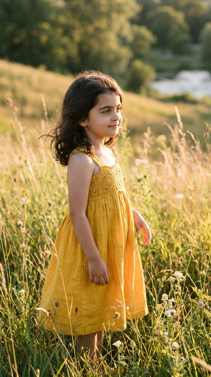 Toddler in the mustard crochet sundress