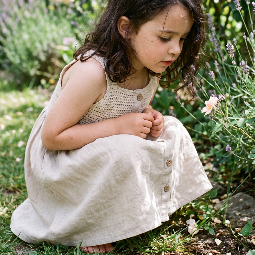 Child in the natural crochet dress in nature
