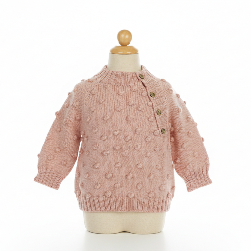 Pink knitted sweater with bobble texture on a mannequin against a white background

