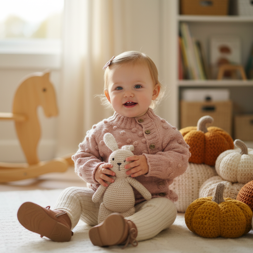 Child holding a teddy bear in a room with toys and a rocking horse.