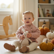 Child holding a teddy bear in a room with toys and a rocking horse.
