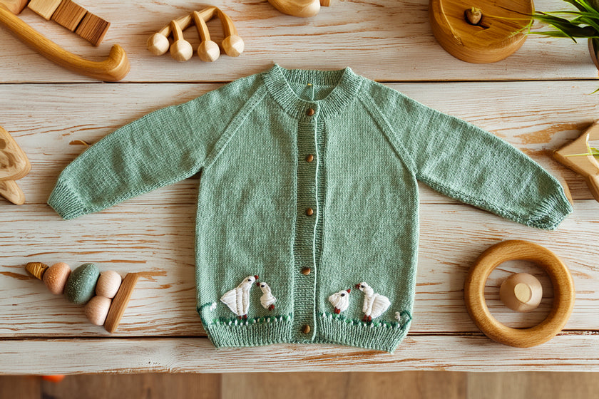 Sage Kids Cardigan with Ducks and Chicks
