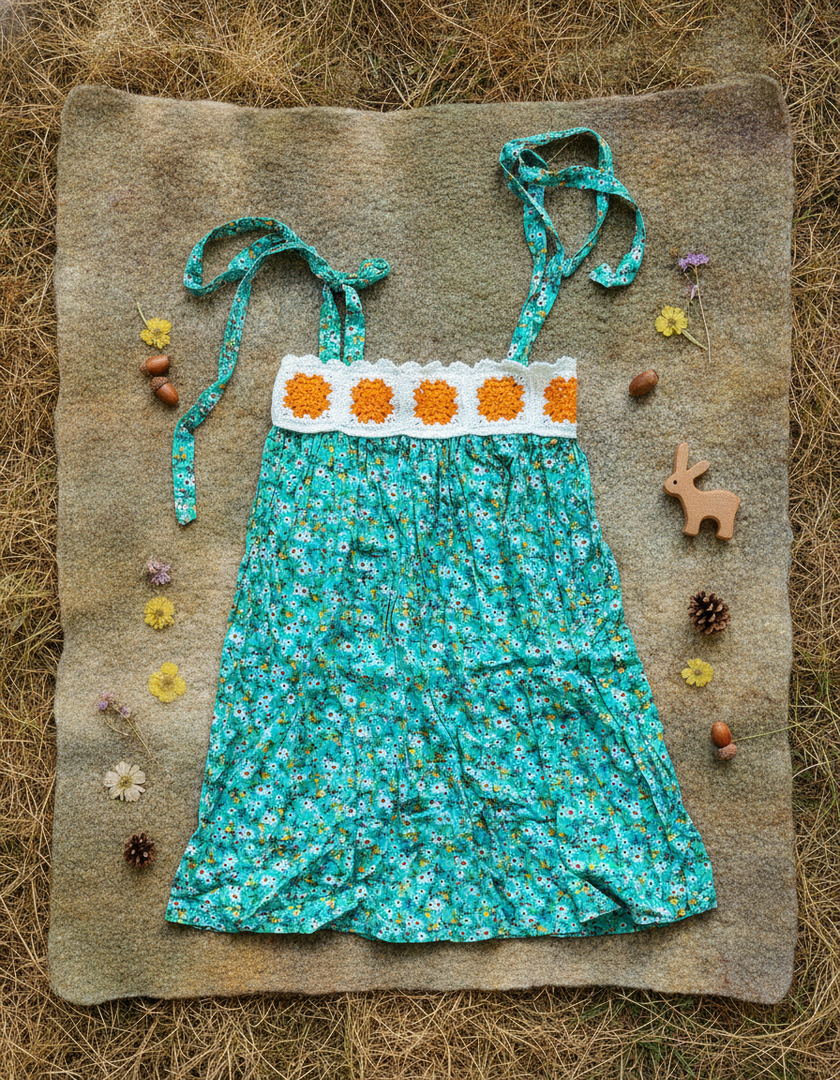 Teal floral sundress flat-lay with dried flowers