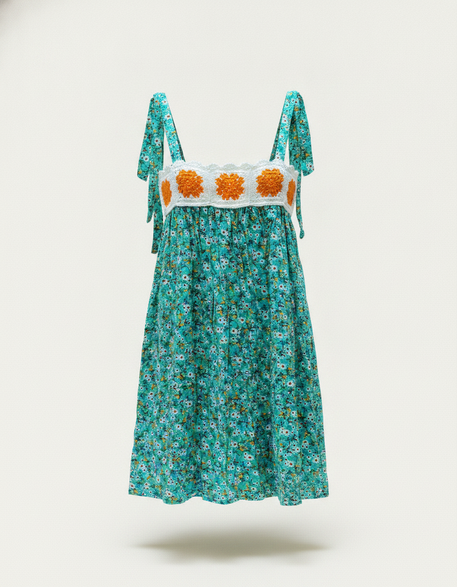Teal floral tie-shoulder sundress with orange crochet flower trim