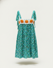 Teal floral tie-shoulder sundress with orange crochet flower trim