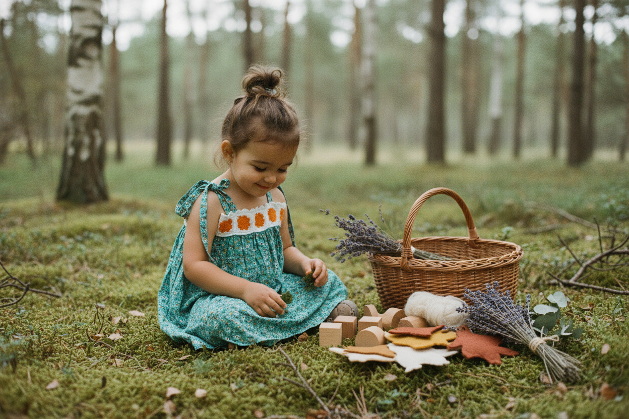Young girl wearing the teal floral sundress in a meadow