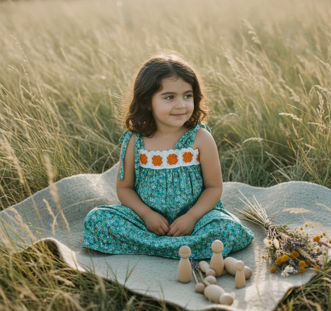 Toddler in the teal floral sundress outdoors