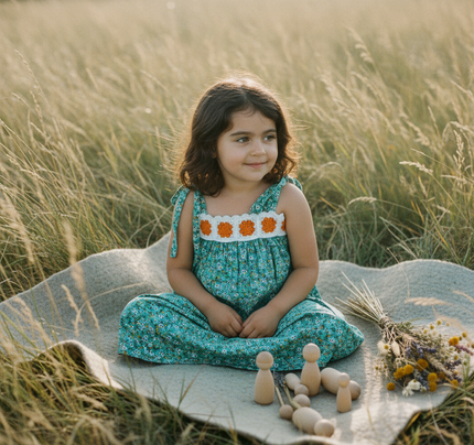 Toddler in the teal floral sundress outdoors