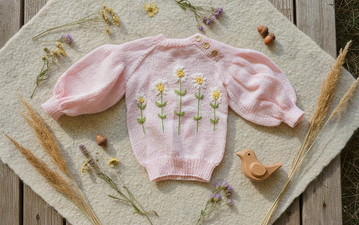 Pink Floral Embroidered Knit Sweater