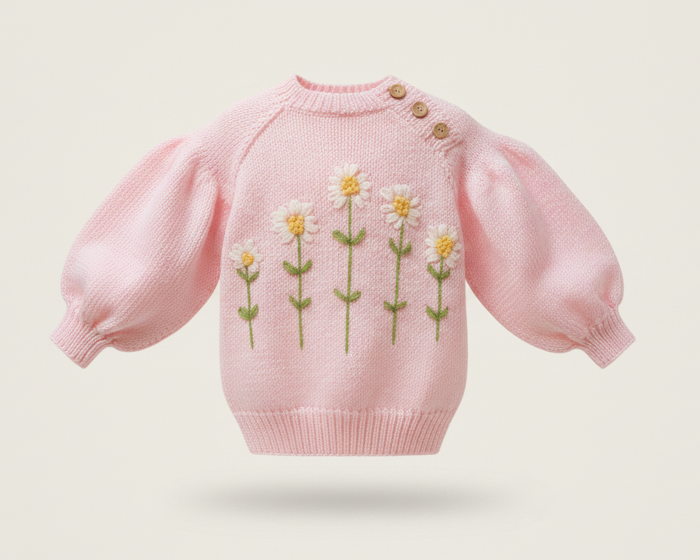Pink Floral Embroidered Knit Sweater