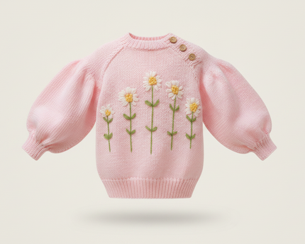 Pink Floral Embroidered Knit Sweater