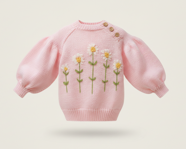 Pink Floral Embroidered Knit Sweater