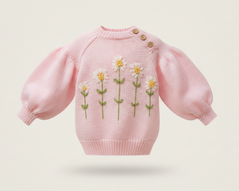 Pink Floral Embroidered Knit Sweater