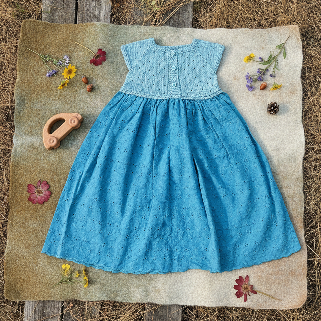 Light-Blue Knit-Bodice Button Dress