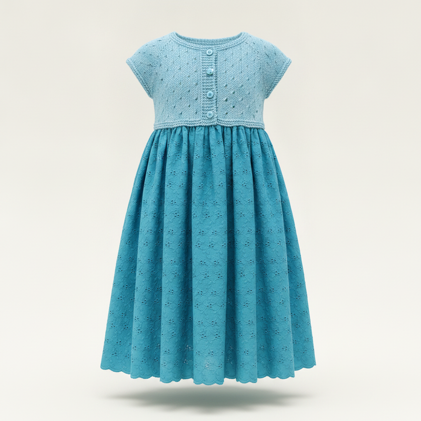 Light-Blue Knit-Bodice Button Dress