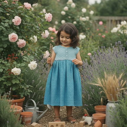 Light-Blue Knit-Bodice Button Dress