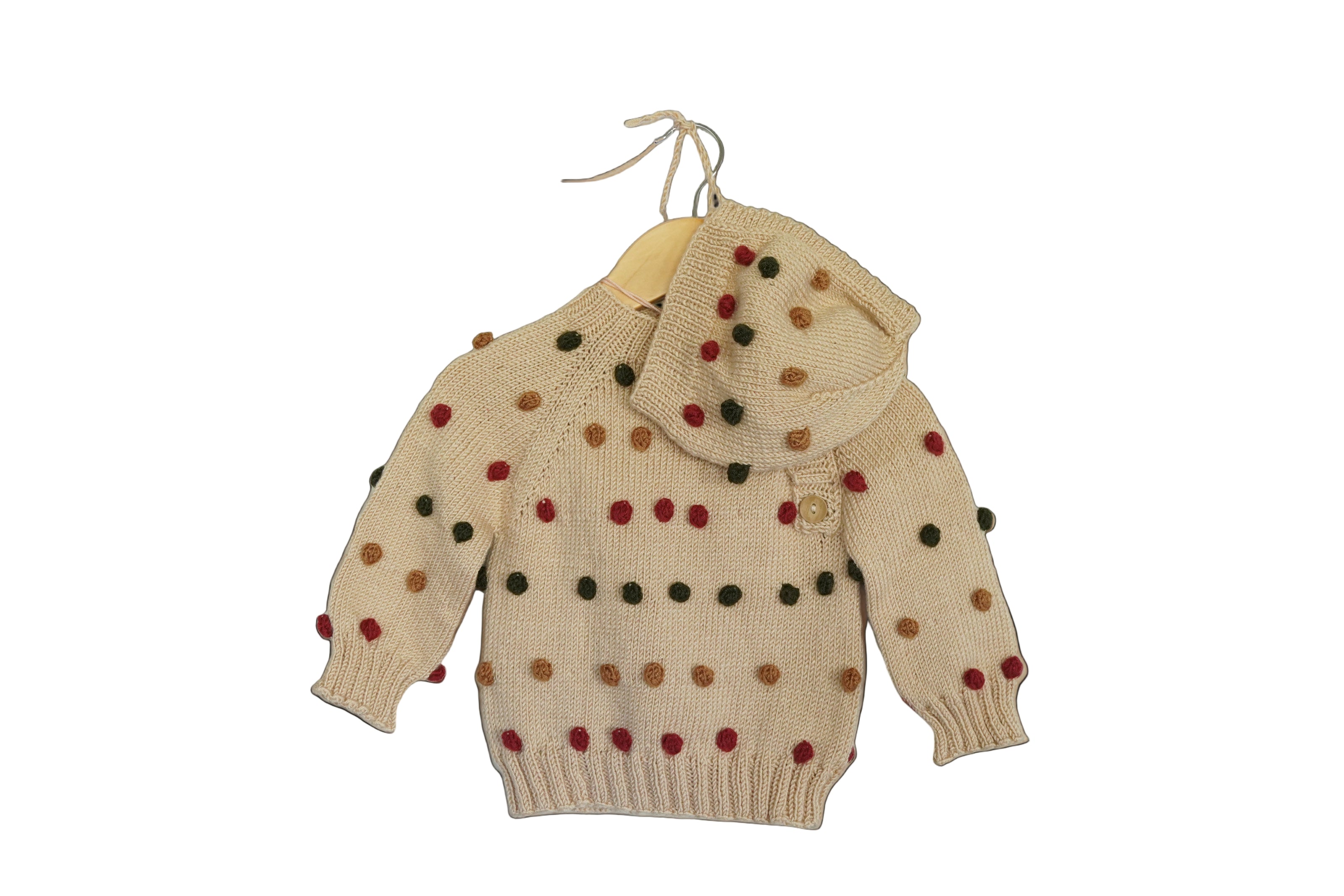 Hand-Knitted Polka Dot Baby Sweater with Bonnet